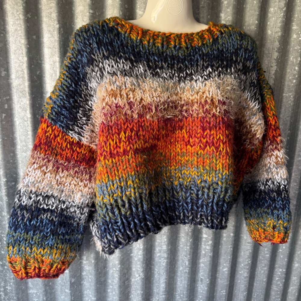 Hand Knit Chunky Stripe Sweater Oversized Crop Rainbow Large Pullover handmade - Picture 15 of 15